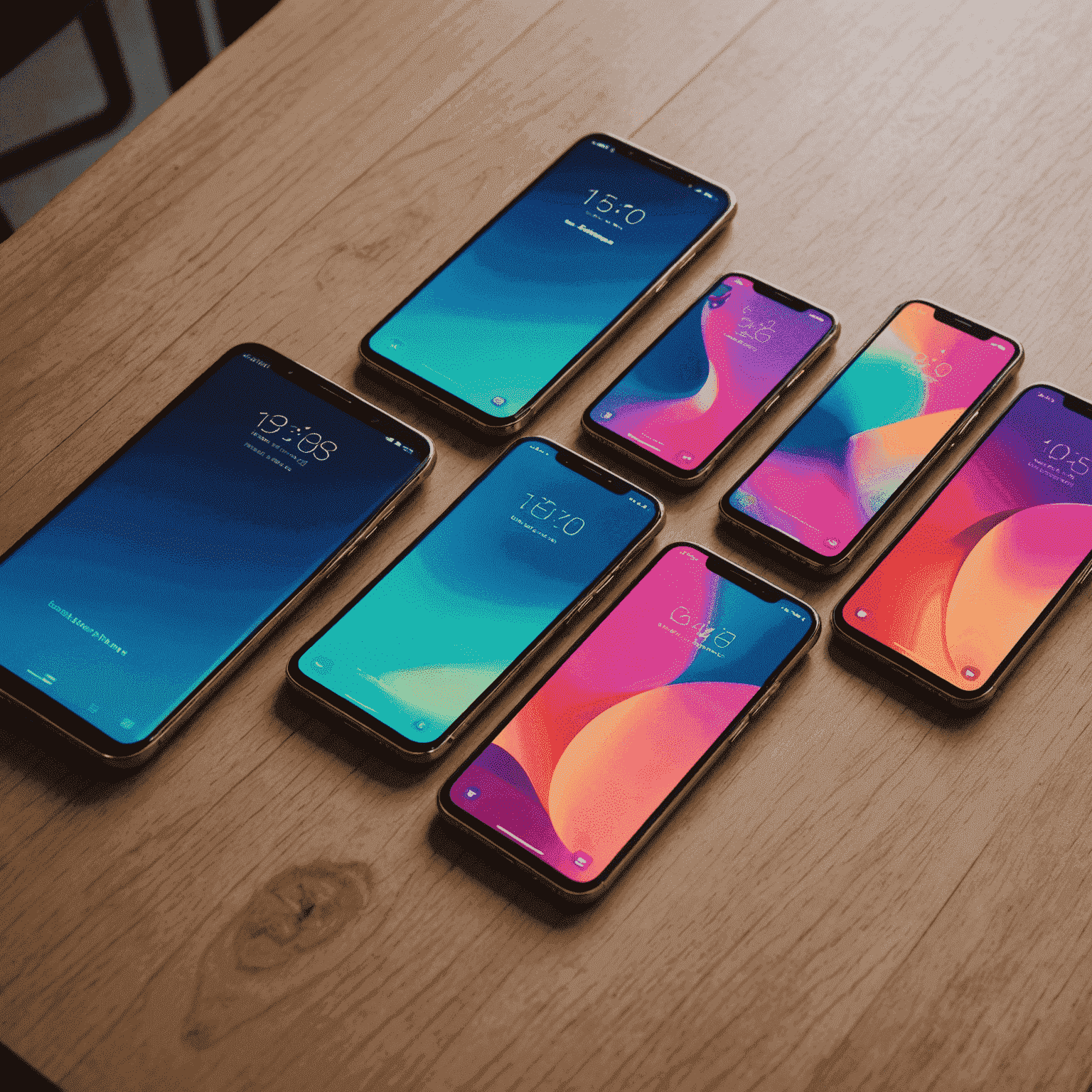 A lineup of the latest smartphone models showcasing sleek designs, multiple camera setups, and vibrant displays. The phones are arranged in a gradient from smallest to largest, highlighting the variety of sizes available in modern mobile communication devices.