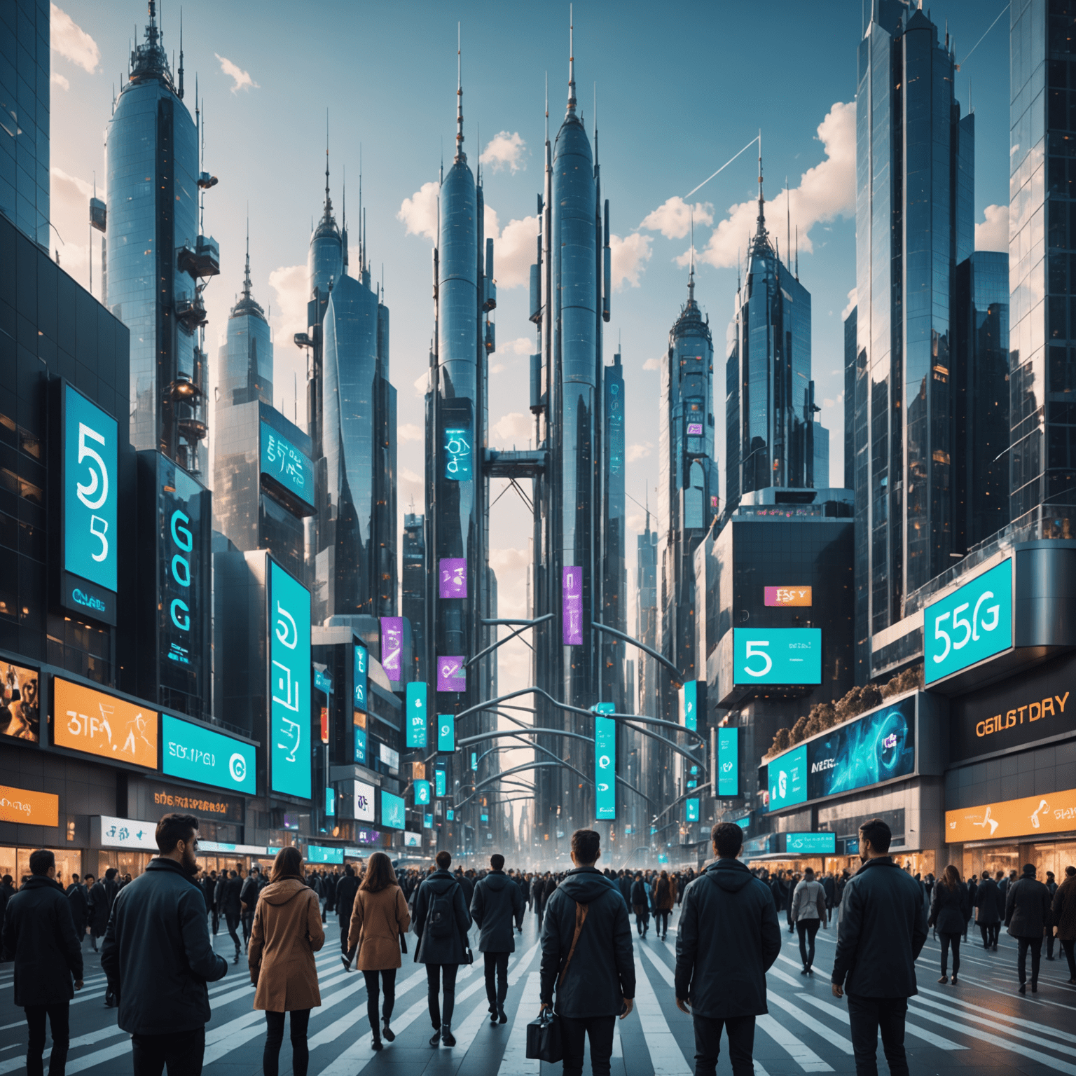 A futuristic cityscape with 5G towers and people using advanced mobile devices, showcasing the interconnectedness of 5G technology