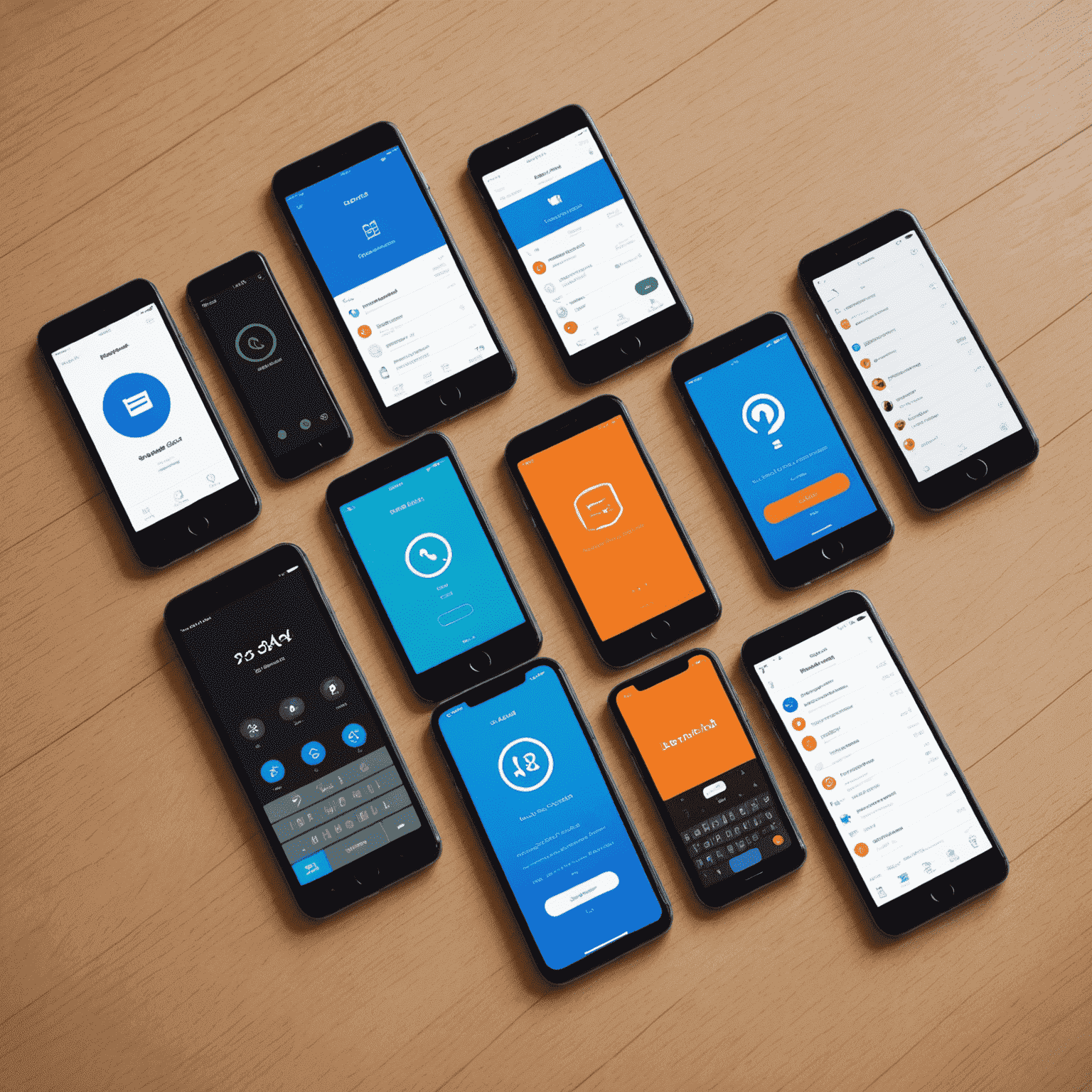 Various mobile phones displaying different voice plan options, with icons representing minutes, texts, and international calls