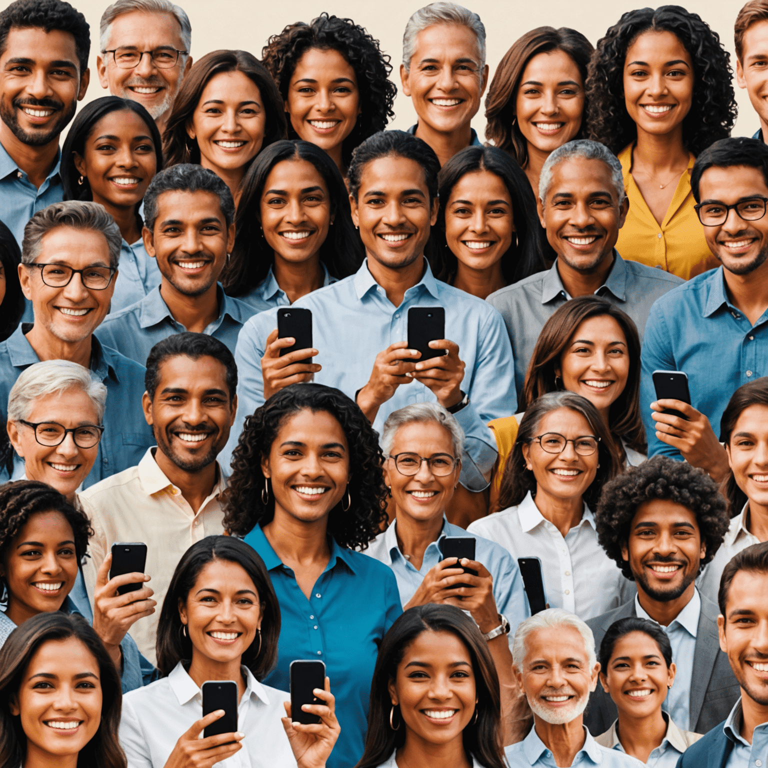 A collage of diverse, smiling people using mobile phones, representing satisfied customers of Mobiduki's voice plans. The image shows people of different ages and ethnicities, emphasizing the wide appeal of our services.