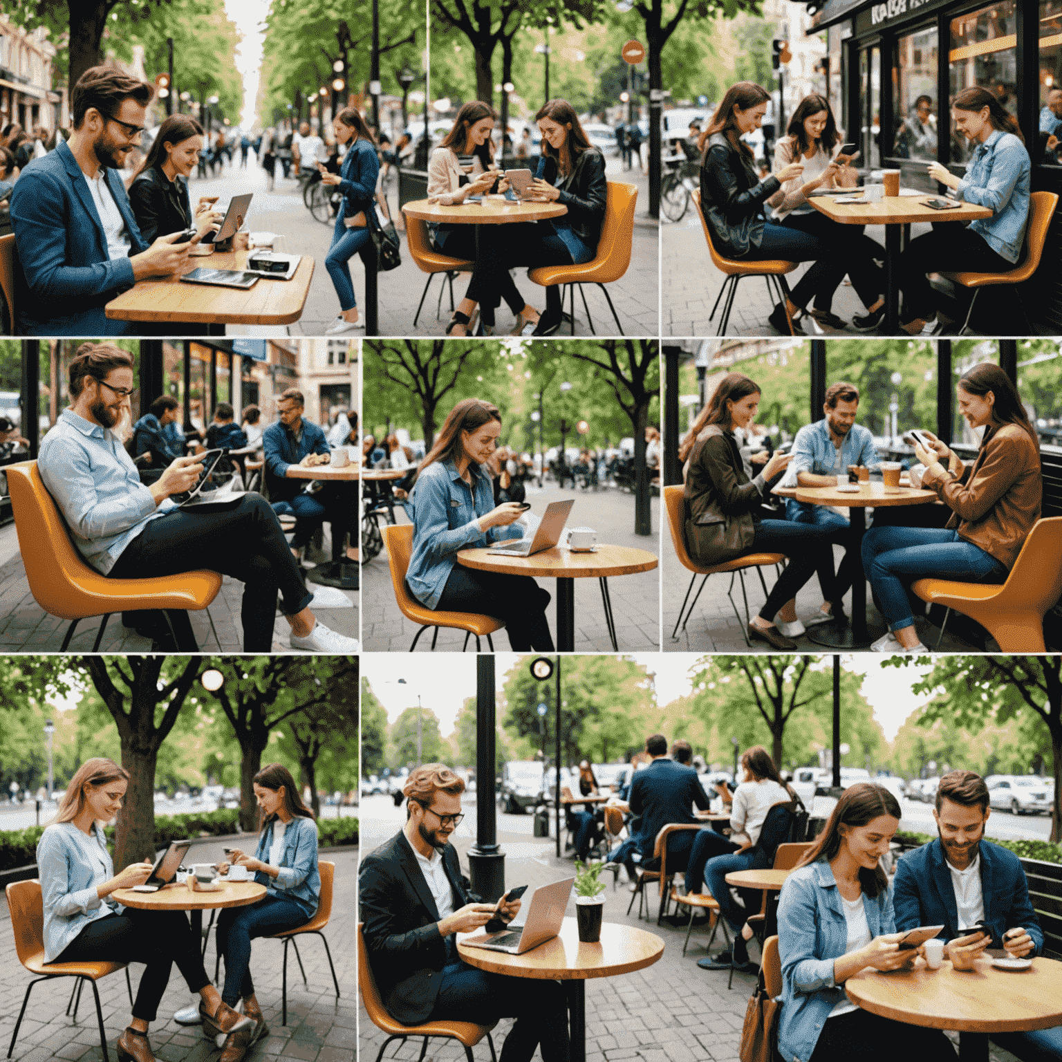 A collage showing people using mobile devices in various locations - at home, in a cafe, on public transport, and in a park. The image emphasizes the idea of staying connected anywhere with high-speed mobile data.