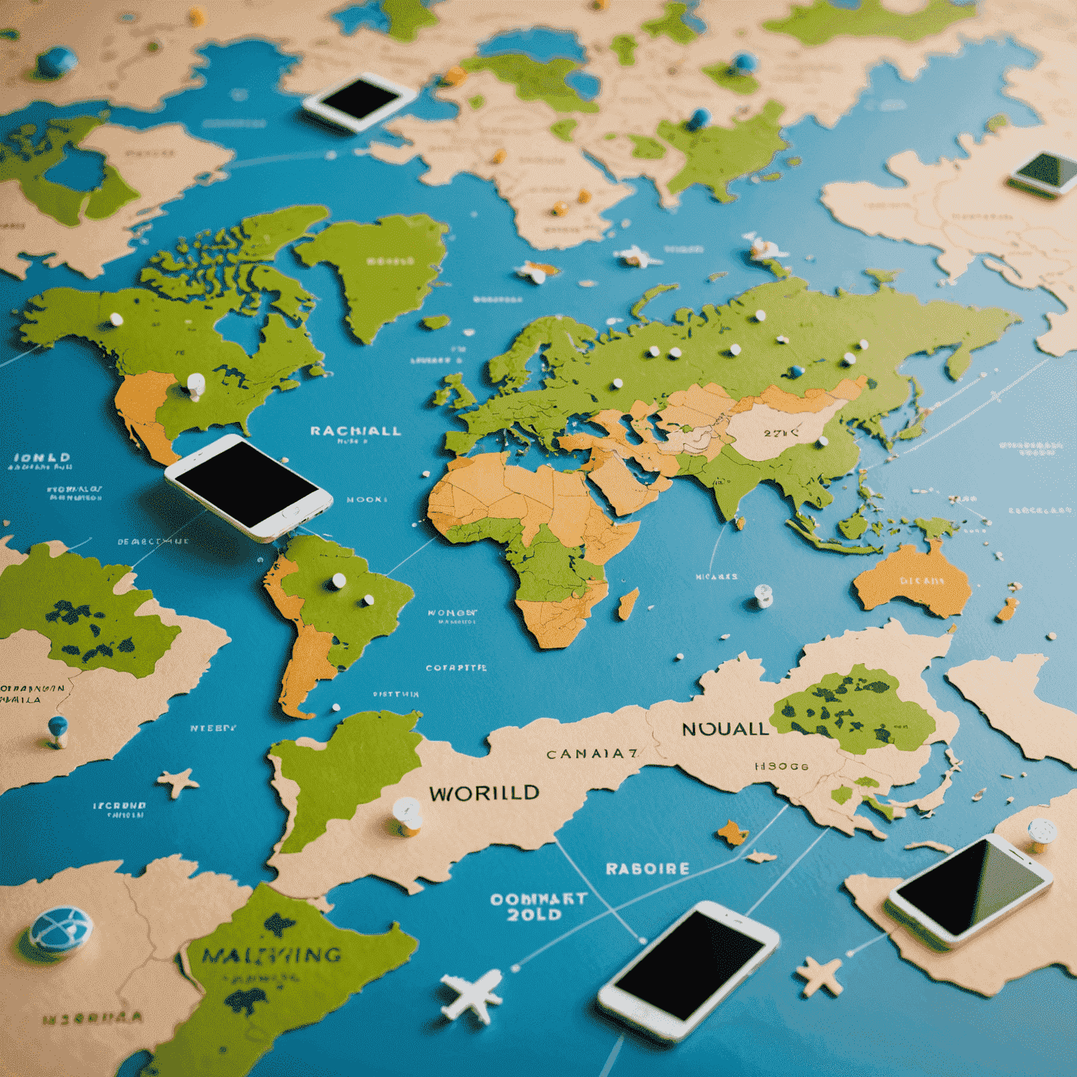 World map with mobile phone icons scattered across different countries, representing global connectivity and international roaming services