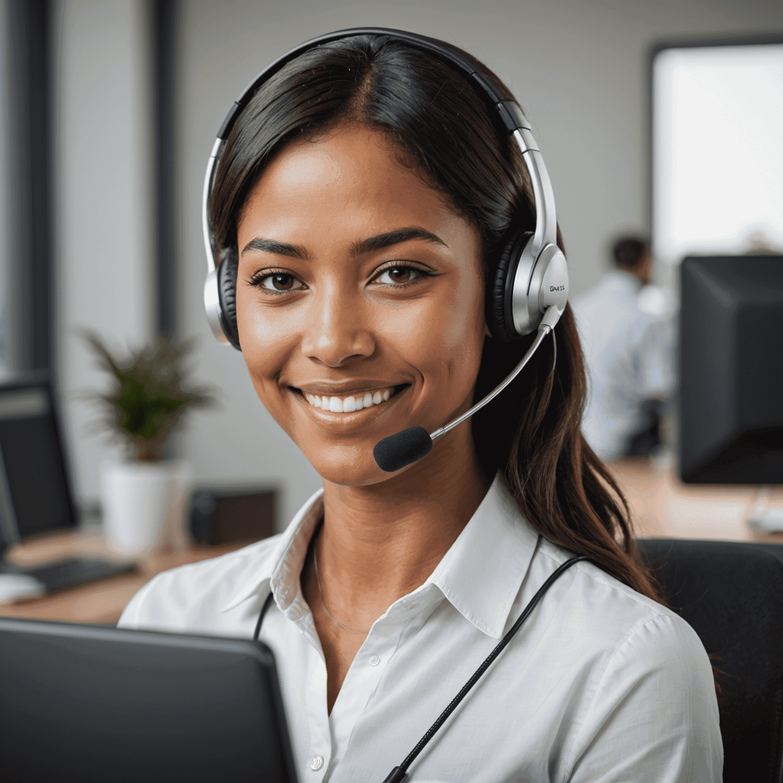 Customer support representative smiling and wearing a headset, ready to assist customers with mobile communication services such as du recharge and du quick pay