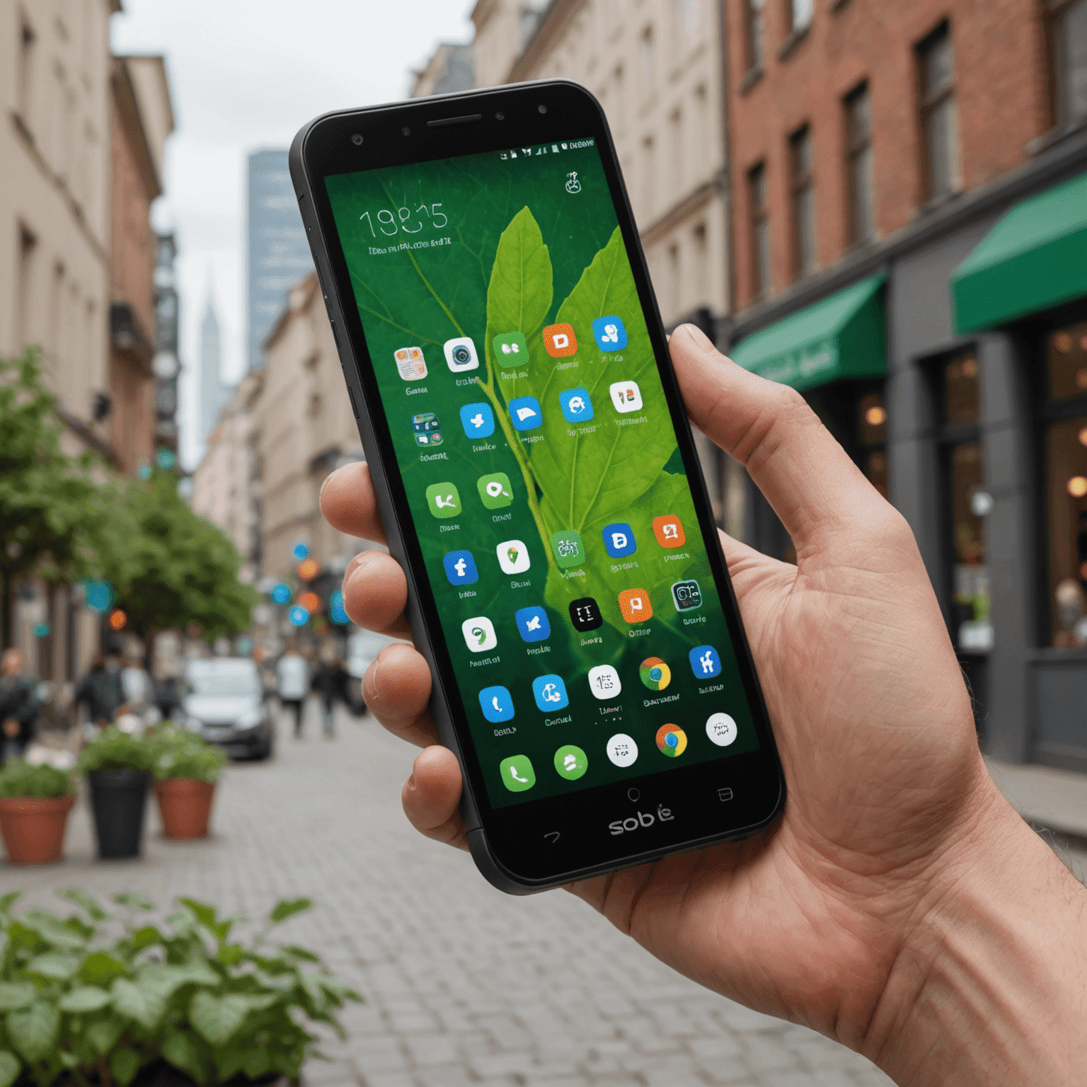 The EcoMobile Lite smartphone showcasing its compact design made from recycled materials. The phone is held in hand to demonstrate its perfect size for one-handed use, with its eco-friendly features highlighted through subtle green accents on the device.