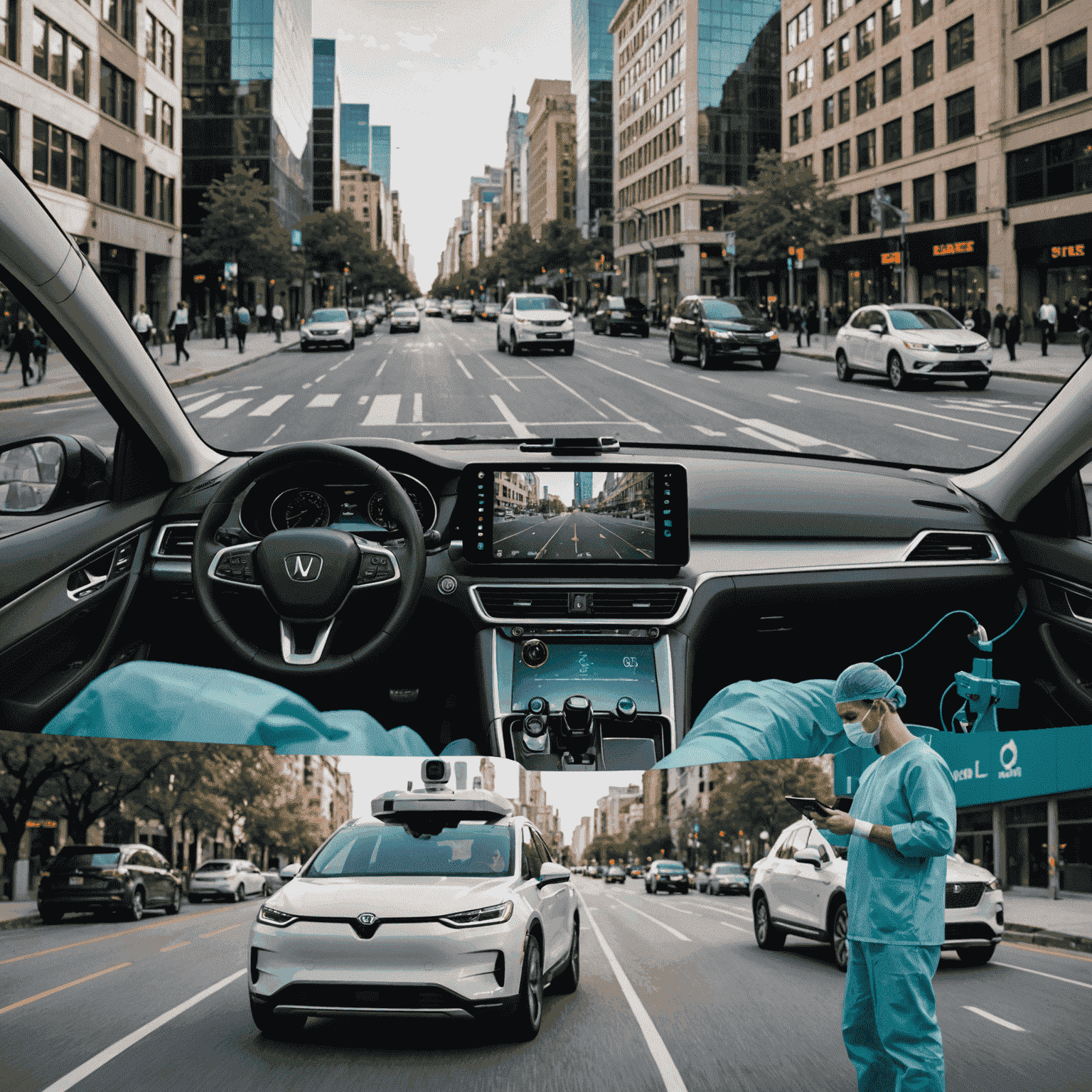 Split-screen image showing a surgeon performing remote surgery and a self-driving car navigating city streets, illustrating the low latency applications of 5G