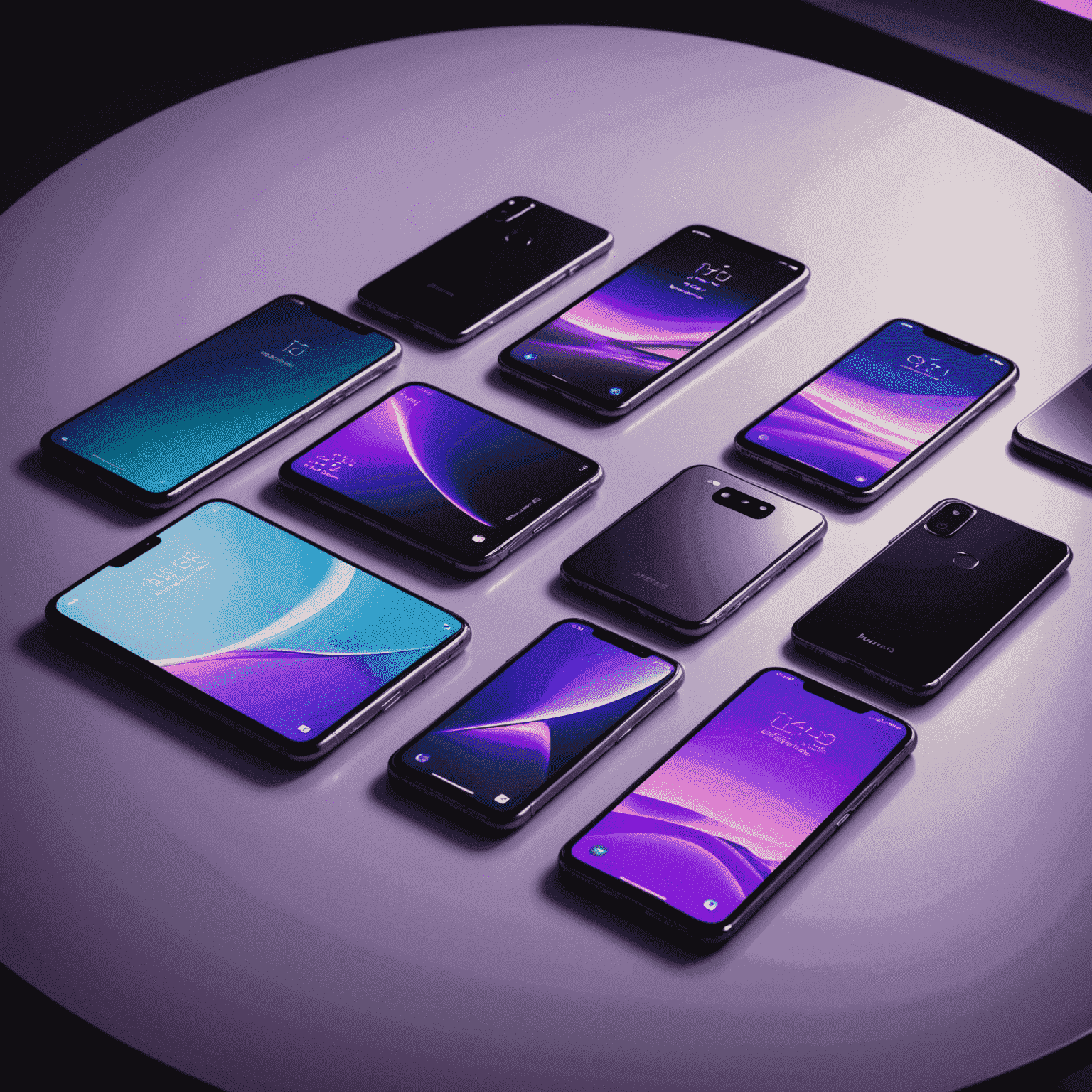 Various new smartphone models displayed on a sleek, modern table with purple lighting, showcasing their cutting-edge designs and features