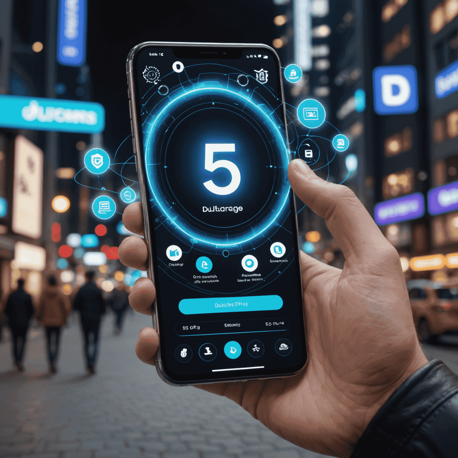 A person using a smartphone with holographic projections of various apps and services, including du recharge and du quick pay options, showcasing the advanced capabilities enabled by 5G