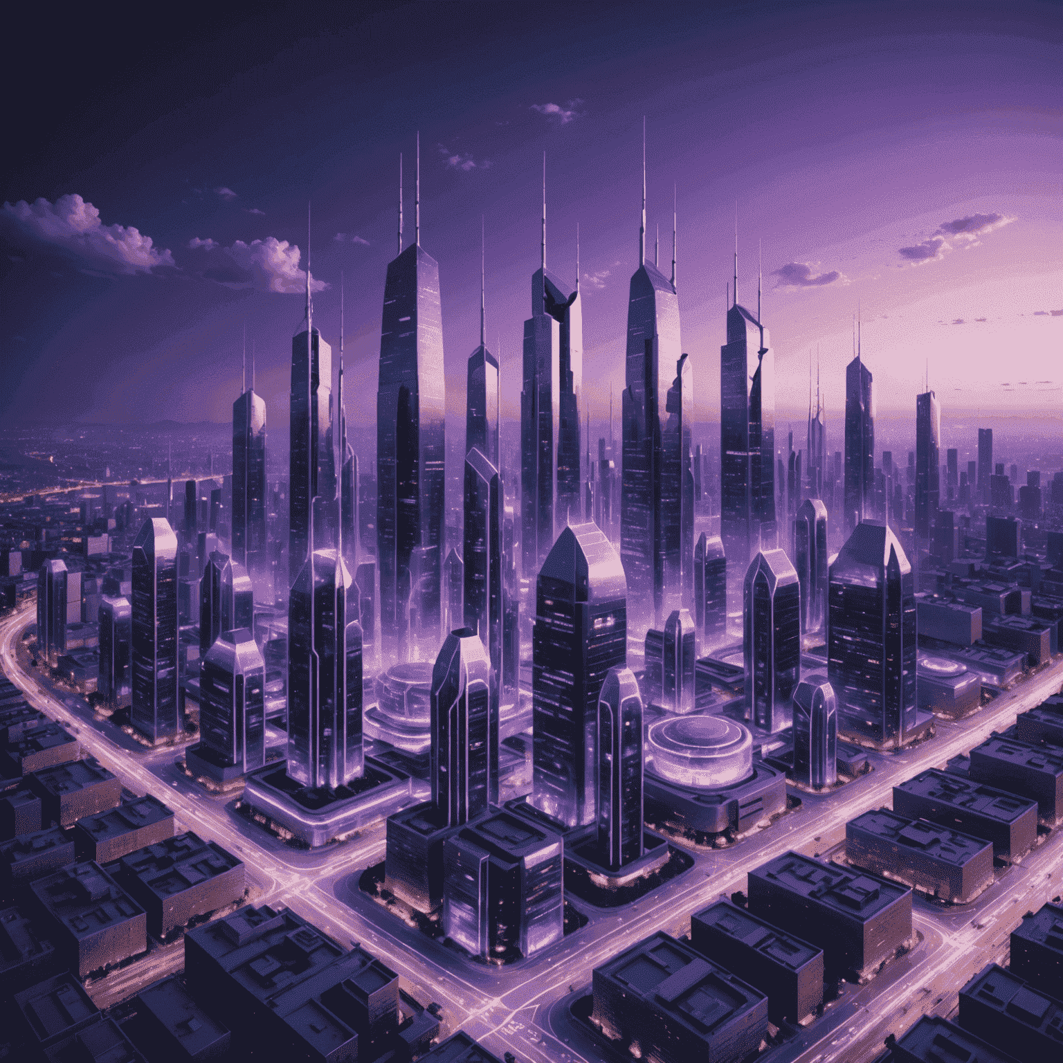 Futuristic cityscape with 5G towers and connected devices, all emitting a soft purple glow to represent the advanced mobile communication network