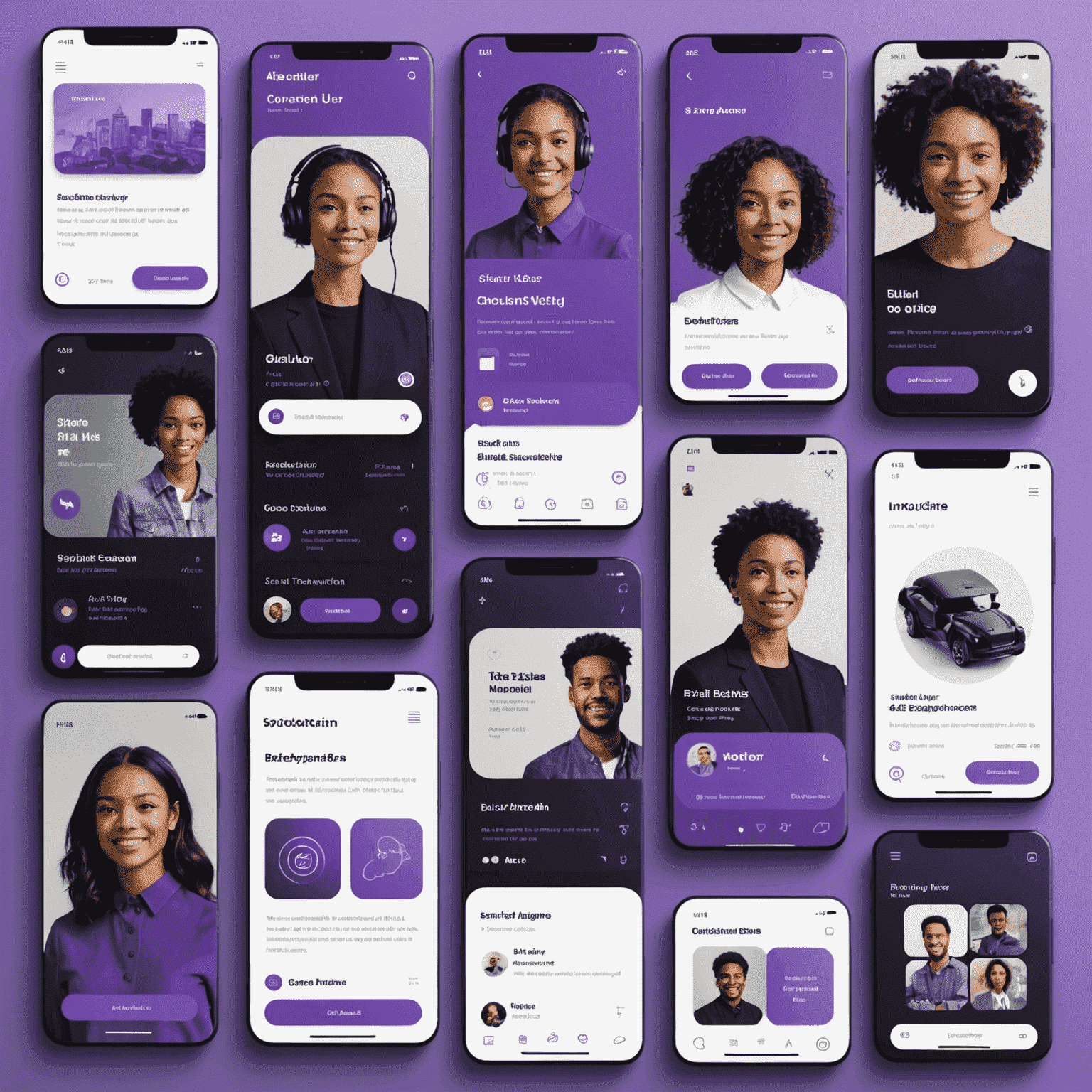 Collage of mobile app interfaces featuring AI assistants, AR experiences, and innovative UI designs, all with a purple color scheme