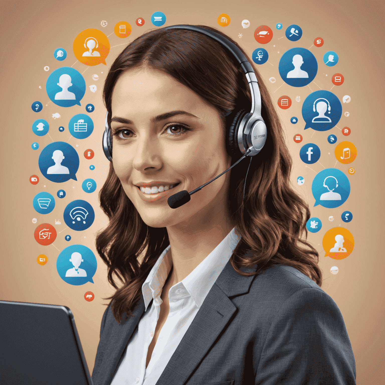 Friendly customer support representative with headset, surrounded by communication icons